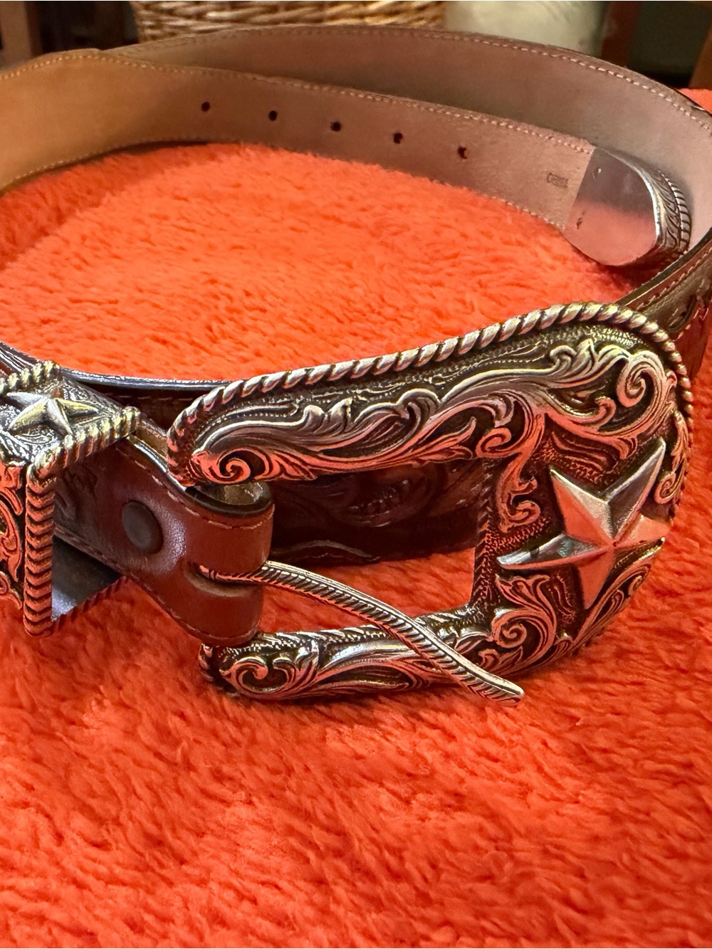 Tony Lama Western Leather Belt Size 42 Tooled Brown Silver Star Buckle EUC